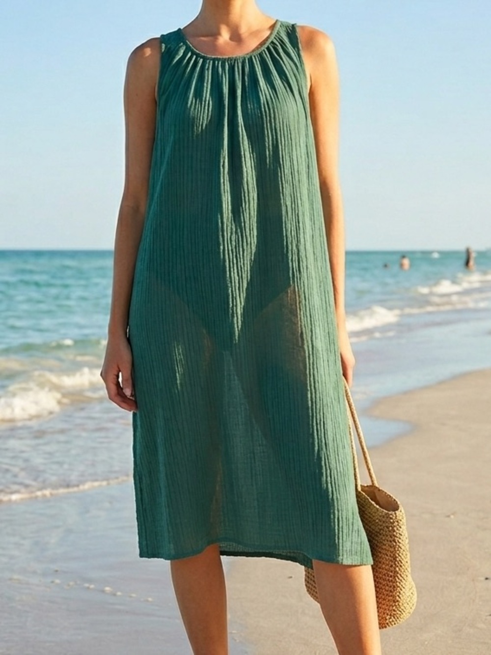 Kona Sol Green Cotton Gauze High Neck Swim Cover Up Dress Tie Back S/M EUC Beach